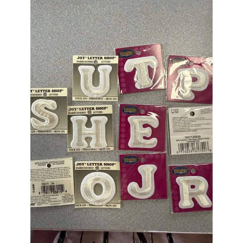 11 Embroidered letters Joy SUHOO Wrights TEPJRR white applique iron on NWT